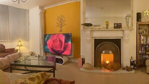 Ein Wohnzimmer mit Kamin, Fernseher und Bücherregal.