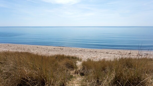 Une plage avec un ciel dégagé et une mer calme.
