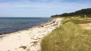 A beach with a sandy shore, a grassy area, and a clear sky.