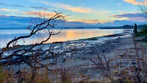 A beach with a calm lake, a fallen tree, and a distant shoreline. - Pet friendly apartment in Hohen Wieschendorf (Hohen Wieschendorf)