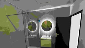 A bathroom with two sinks, a mirror, and a door.