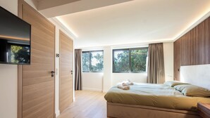A modern bedroom with a large bed, a TV mounted on a wooden cabinet, and two windows providing natural light.