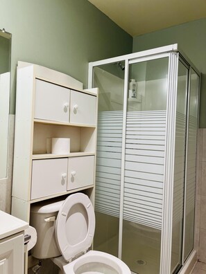 Shower, hair dryer, towels, soap