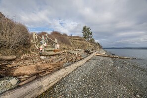 Un rivage rocheux parsemé de bois flotté et de bouées.