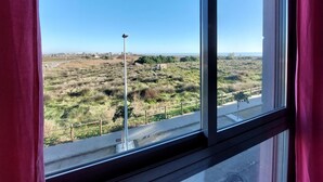 A view from a window with a clear sky, a grassy field, a road, and a distant building.