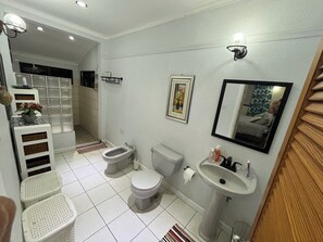 Shower, towels, soap, toilet paper