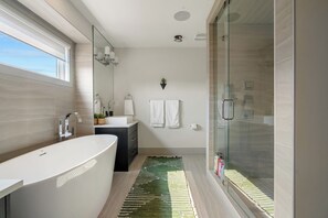 Hair dryer, towels, soap, shampoo