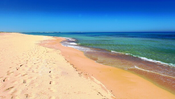 Une vaste plage de sable fin, parsemée d’empreintes menant à l’eau, un ciel dégagé et une mer calme.