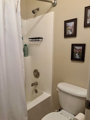 Secador de cabelo, toalhas de banho, sabonete, shampoo