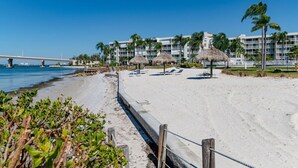 A beach resort with a clear view of the ocean, a bridge in the background, and a row of palm trees.