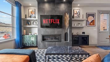 Smart TV, fireplace, table football