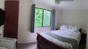 1 bedroom, desk, iron/ironing board, travel cot