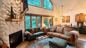 Smart TV, fireplace, books, stereo