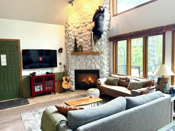 Smart TV, fireplace, books, stereo