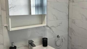 Shower, hair dryer, towels