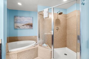 Shower, jetted tub, hair dryer, towels