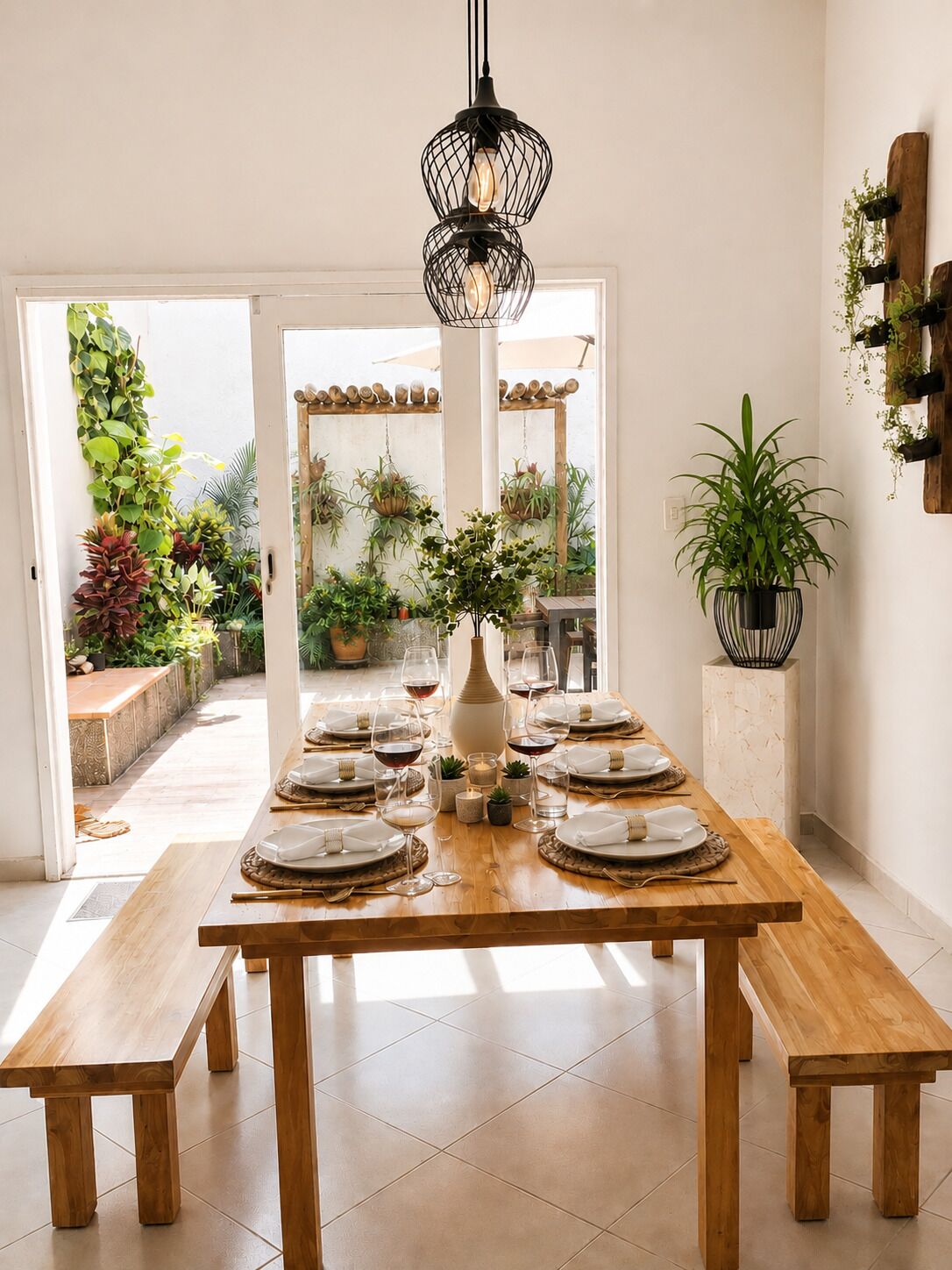 Een eetruimte met een houten tafel voor zes personen, omringd door potplanten, en een hanglamp erboven.