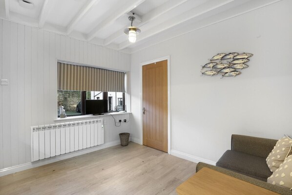 A room with a wooden floor, a white radiator, a television on a window sill, a wooden door, and a wall-mounted decorative fish sculpture.