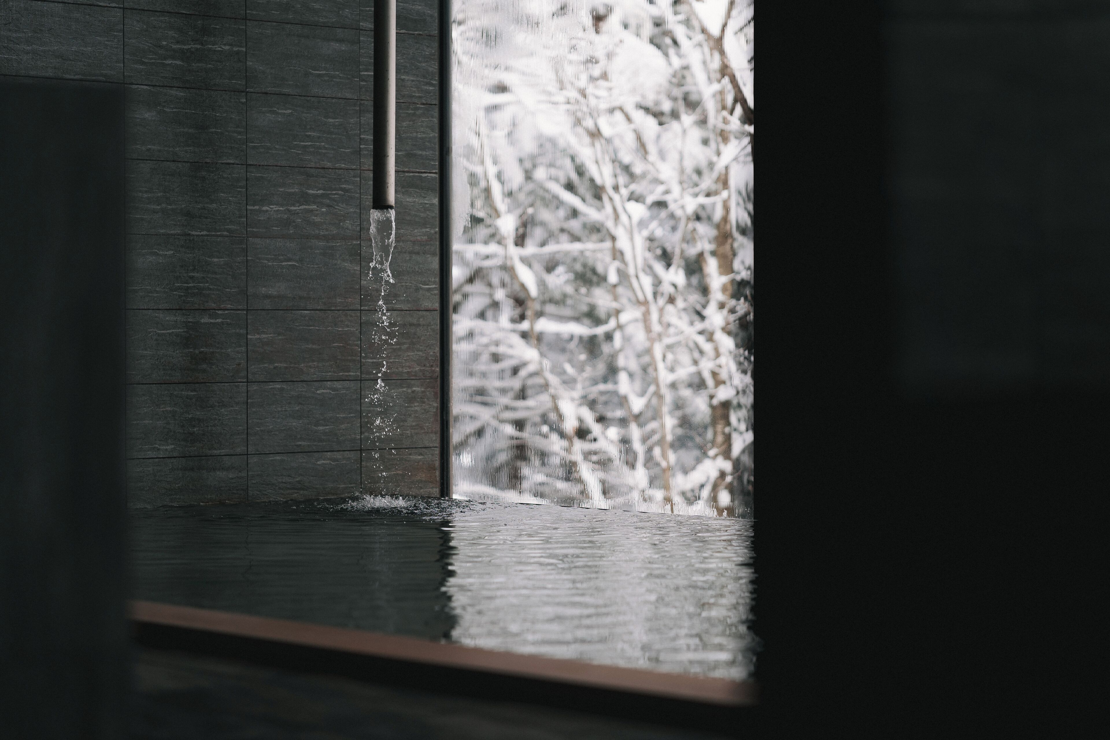 A window with a view of snow-covered trees outside.