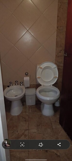 Bidet, soap, toilet paper