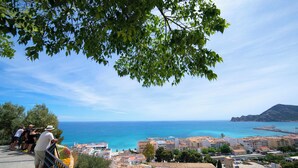 Eine Küstenstadt mit Häusern, wolkenlosem, blauem Himmel und dem Meer.