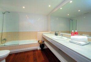 Shower, hair dryer, bidet, towels