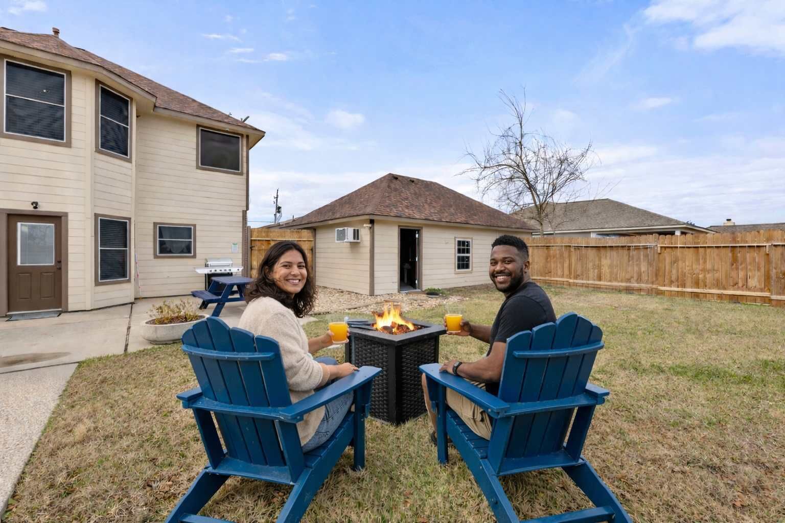Two people seated at a table with a fire pit in a backyard.