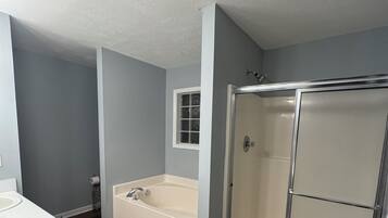 Hair dryer, towels, soap, toilet paper