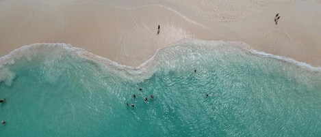 Et luftfoto af en strand med krystalklart turkis vand og en sandet kyst.