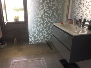 Shower, hair dryer, towels, toilet paper