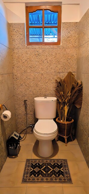Hair dryer, bidet, towels, soap