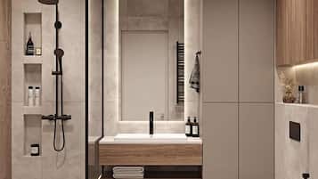 Comfort Room, Balcony, City View | Bathroom | Shower, hair dryer, slippers, towels