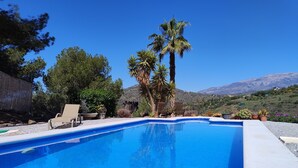 Ein klares, blaues Schwimmbecken mit Liegestühlen und Topfpflanzen.