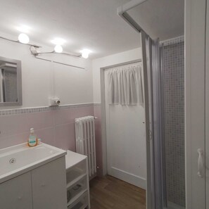 Shower, hair dryer, bidet, towels