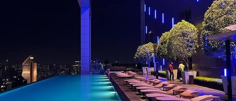 Outdoor pool, pool umbrellas, pool loungers