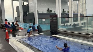 Outdoor pool, pool umbrellas, pool loungers