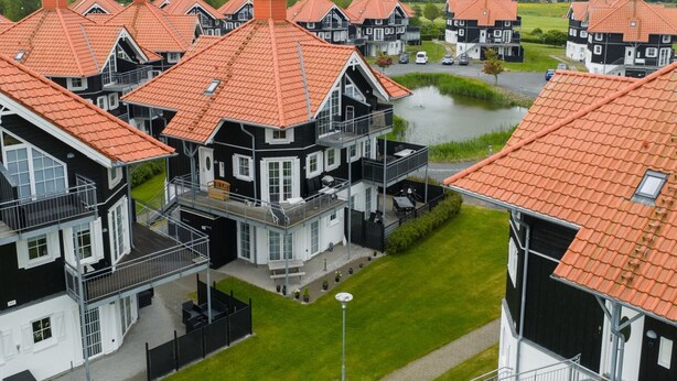 A row of black and white houses with red roofs, a grassy area, and a small pond. - "Casjen" - 250m from the sea by Interhome (Bogense)