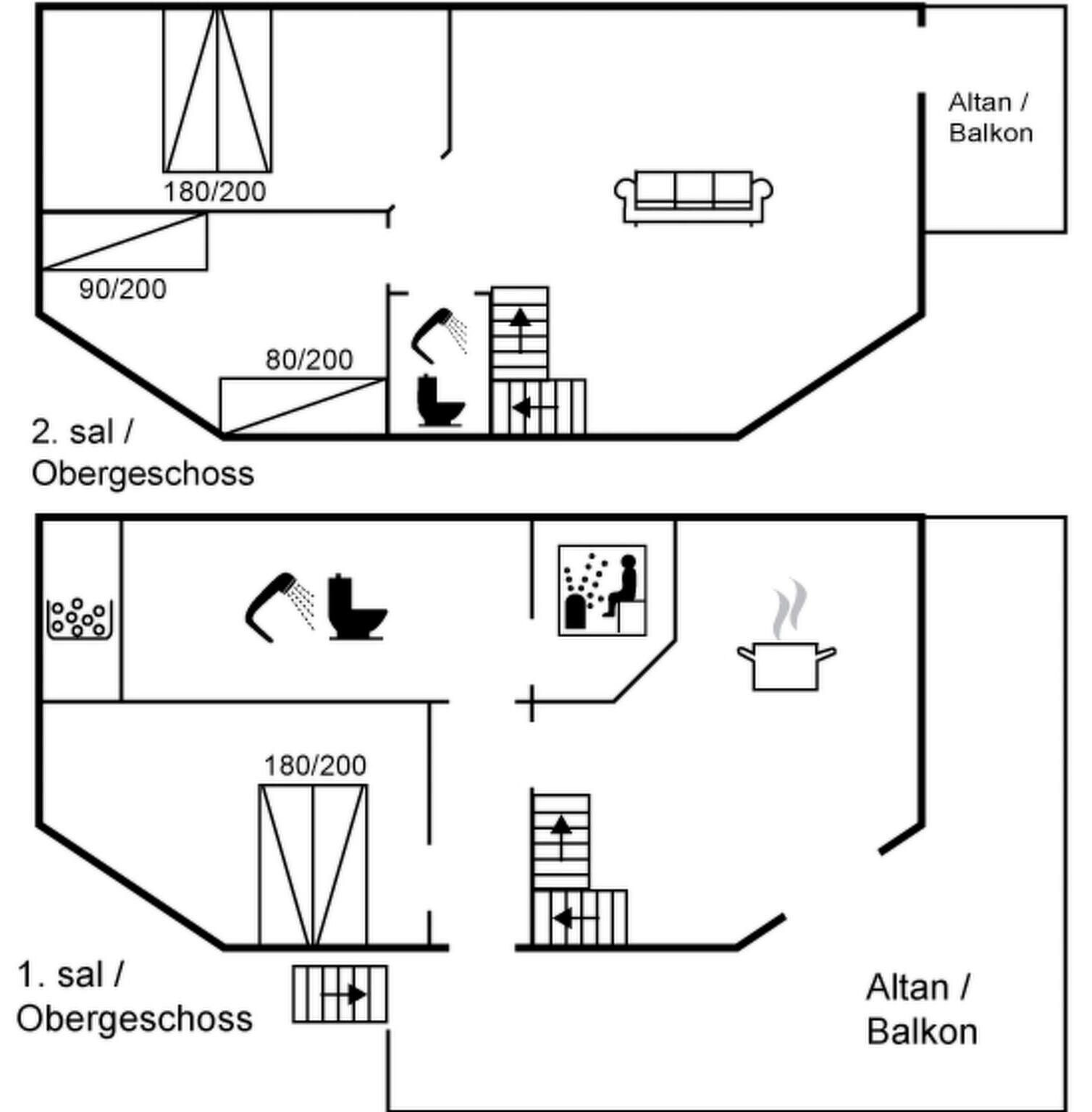 A floor plan with two bathrooms, a kitchenette, and a balcony.
