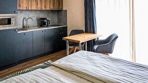 A compact room with a bed, a small kitchenette, a dining table, and a chair. - Nice apartment for 2 people with WIFI, TV and terrace (Jilemnice)