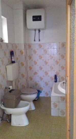 A small bathroom with two toilets, a sink, and a toilet paper holder. - Country house in a quiet, peaceful village. (Cortanze)