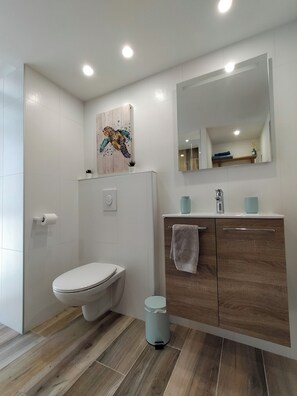 Douche, sèche-cheveux, serviettes fournies, savon