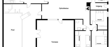 Un hôtel comprenant une piscine, un sauna et plusieurs chambres, dont certaines sont dotées d’une cuisine et d’une salle de bain.