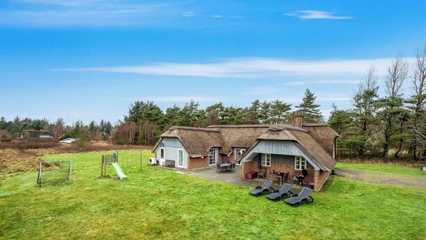 A thatched-roof house with a patio area, a play structure, and a lawn.