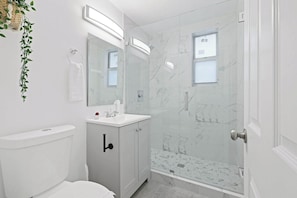 Shower, hair dryer, towels