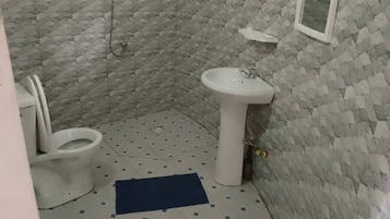 Chuveiro, toalhas de banho, papel higiênico