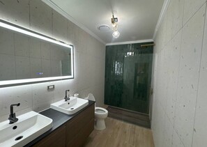 Shower, hair dryer, towels, soap