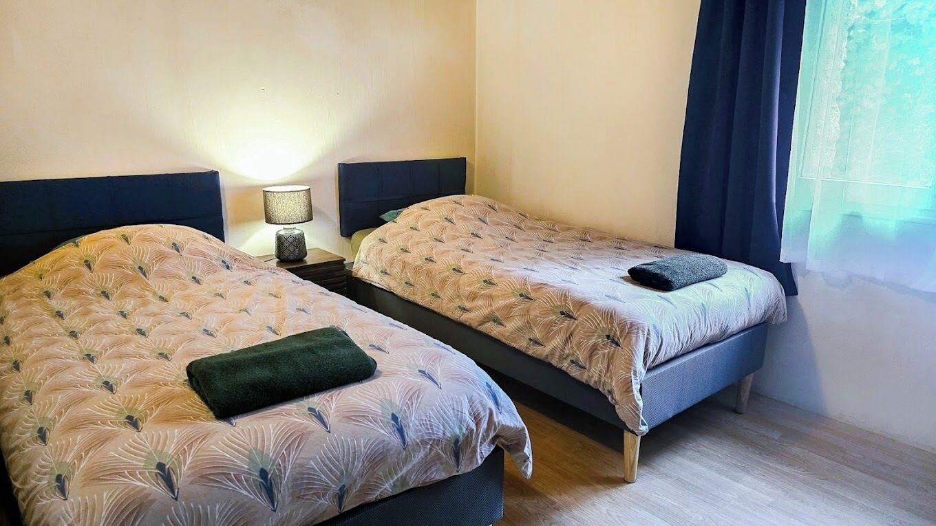 A room with two beds, each with a patterned bedspread and a pillow. There is a nightstand with a lamp between the beds.