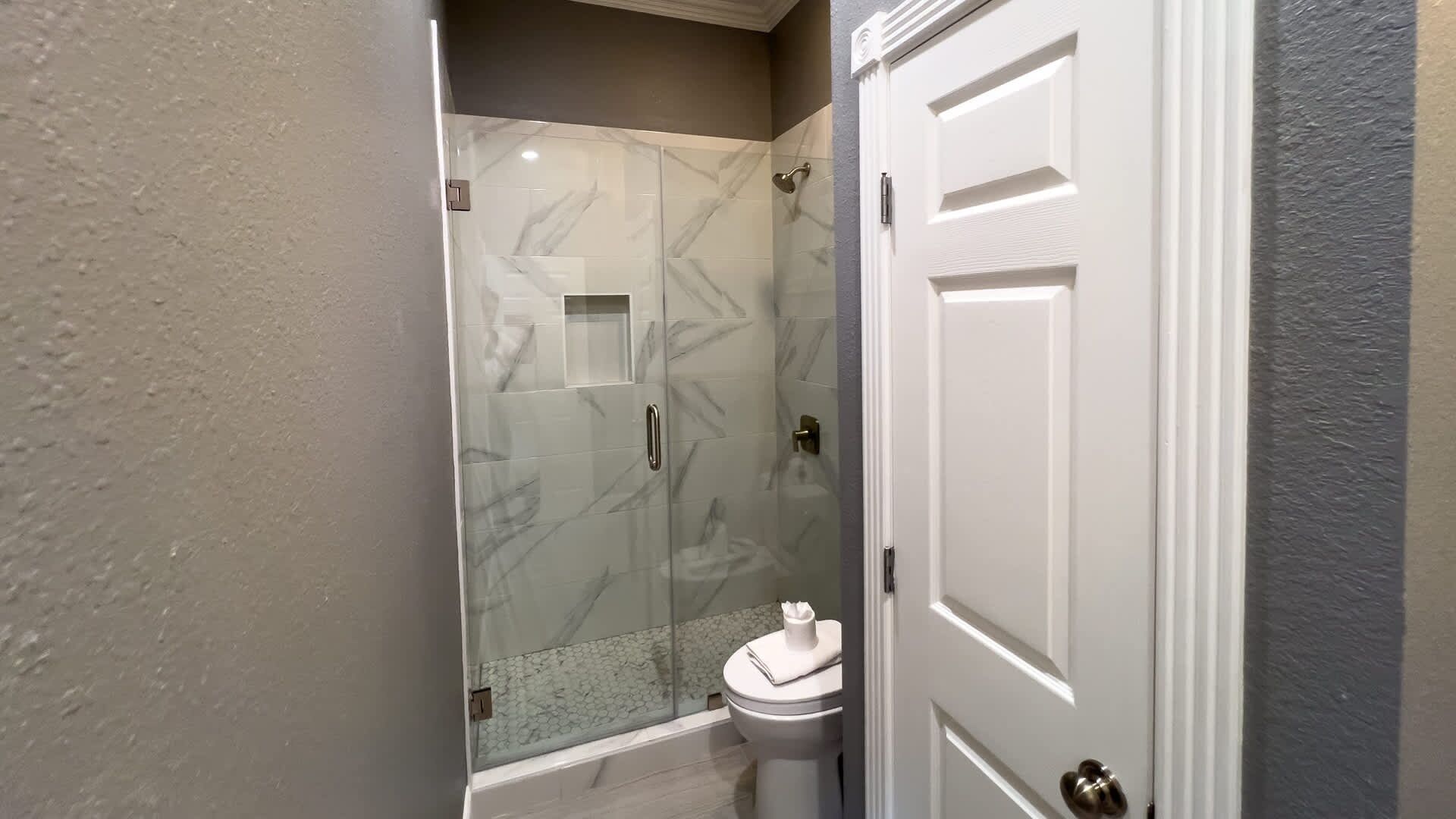 Un baño con ducha de vidrio, inodoro y puerta blanca.