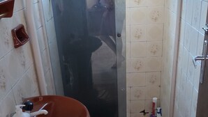 A bathroom with a red sink, a toilet, and a shower area. - Hospedagem  (Sao Gabriel)