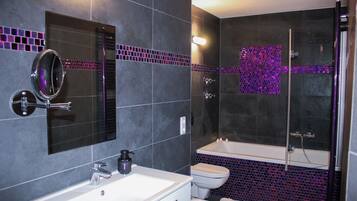 Hair dryer, bidet, towels, soap